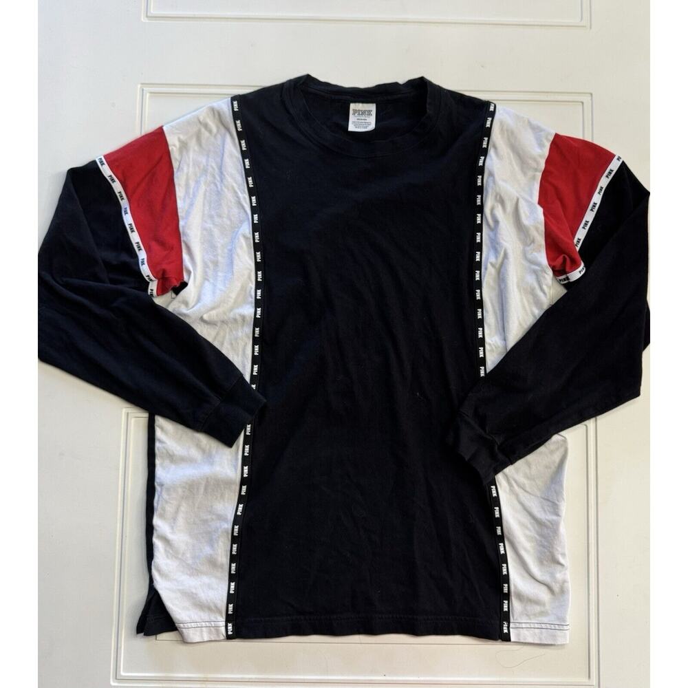 PINK Victoria's Secret Women Top Medium Black Colorblock T-Shirt Logo Crew Neck